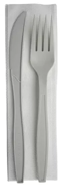 Ensemble de couverts en PLA, blanc, fourchette, couteau, serviette