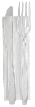 Ensemble de couverts en PS, solide, transparent, fourchette, couteau et serviette
