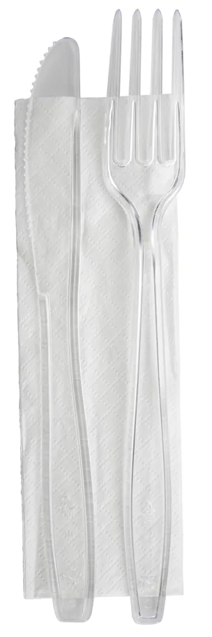 Besteck-Set aus PS, 3-teilig, Messer, Gabel und Serviette