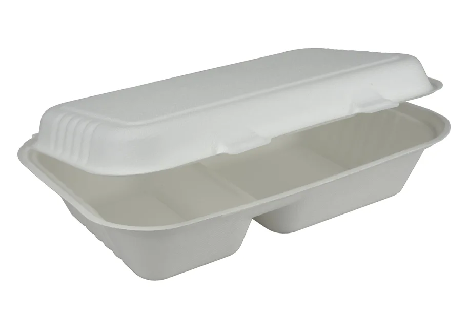 Boîte à menu en bagasse, blanc, deux compartiments, 470/300ml