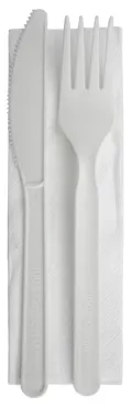 Besteck-Set aus CPLA, weiss, 3-teilig, Gabel, Messer, Serviette