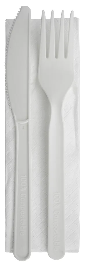 Besteck-Set aus CPLA, weiss, 3-teilig, Gabel, Messer, Serviette