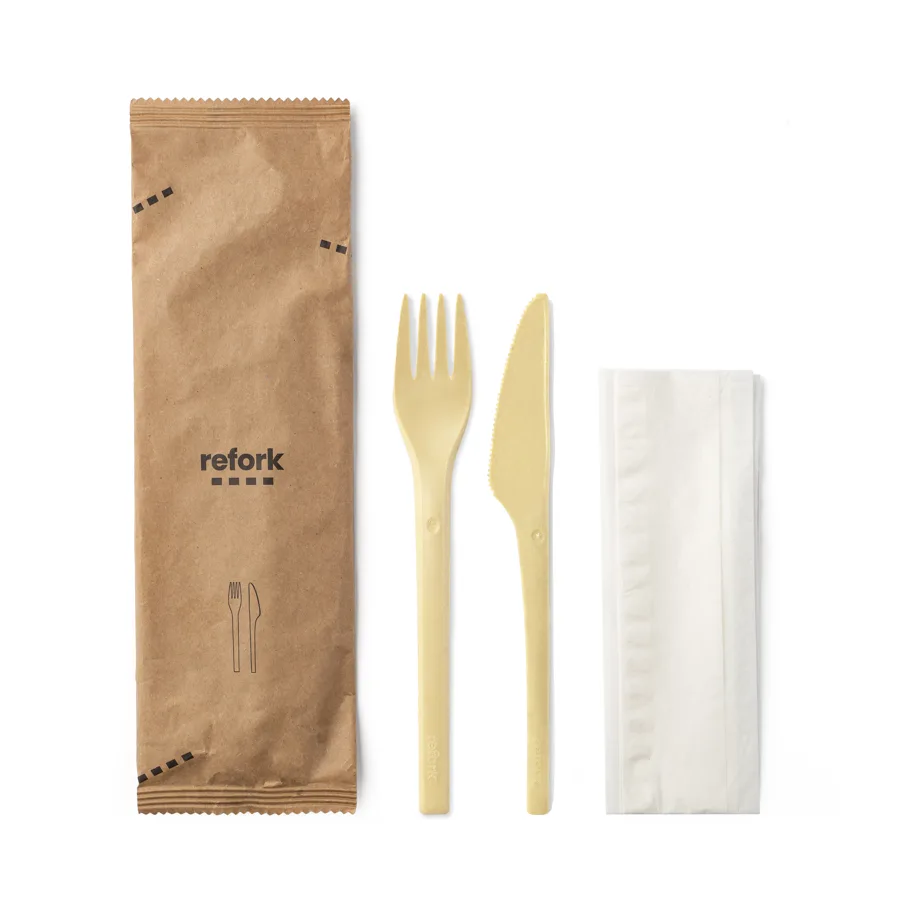 Besteck-Set Refork, beige, 3-teilig, Gabel, Messer, Serviette