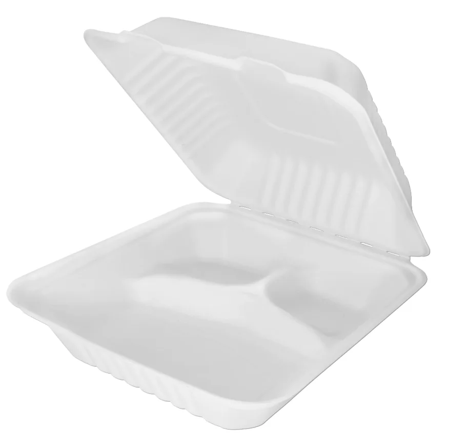 Einweg Menü-Box aus Bagasse, weiss, 3-teilig