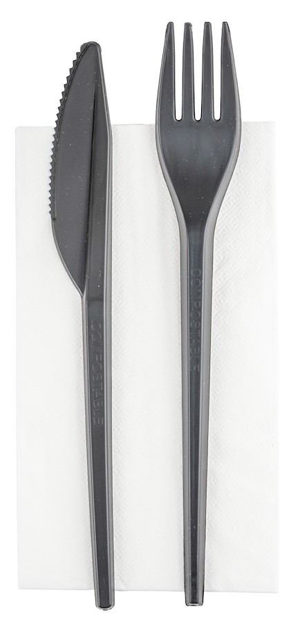 Besteck-Set aus Messer, Gabel +2-Lagige Serviette schwarz aus CPLA